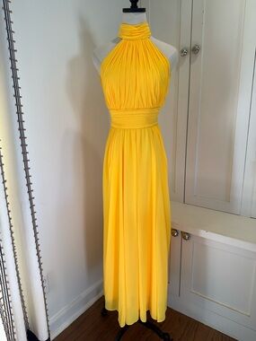 Badgley Mischka Yellow Halter Chiffon Maxi Dress Gown worn once! Size 4